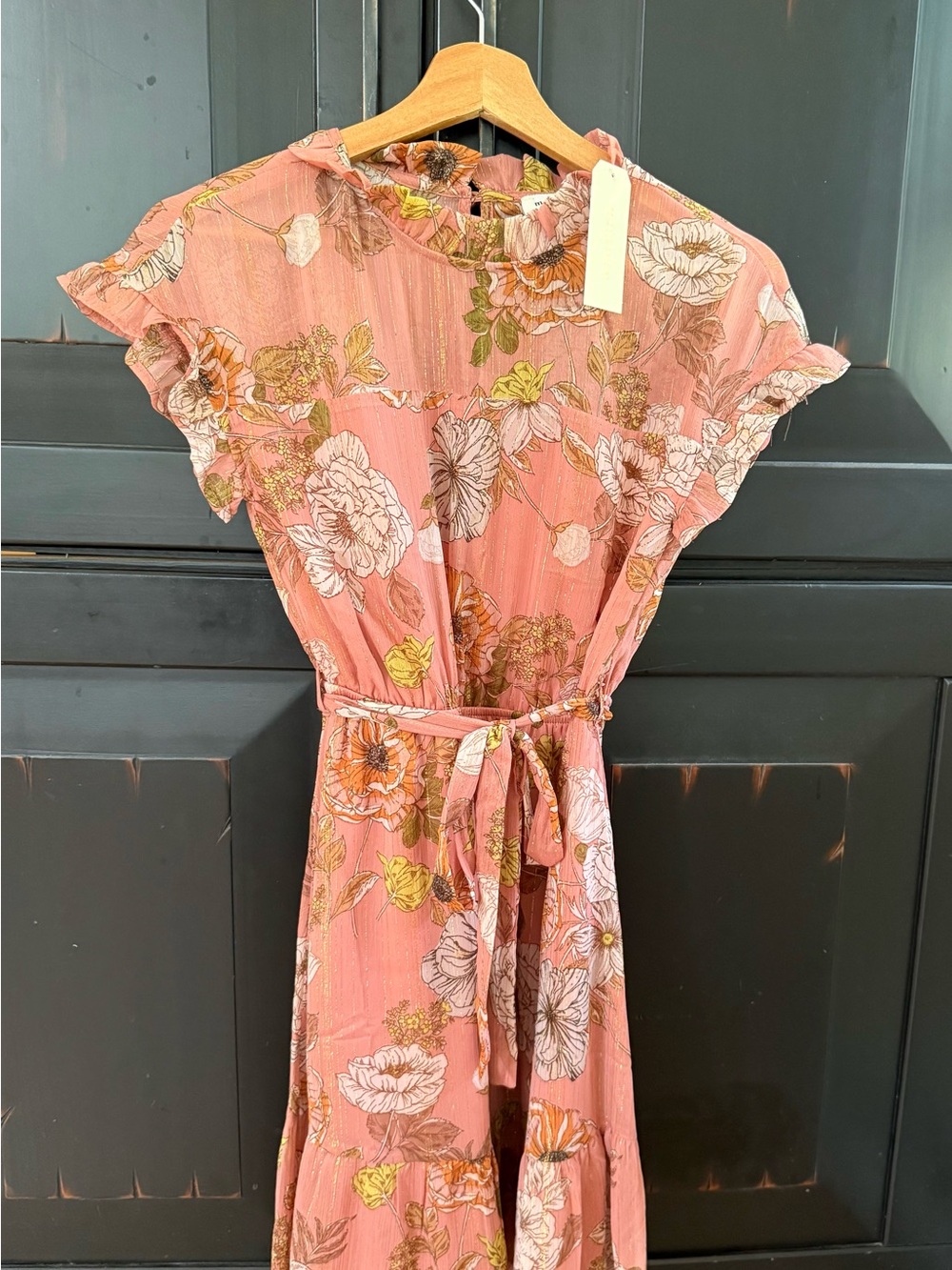 NWT Monteau Pink Floral Midi Dress with Tie Waist